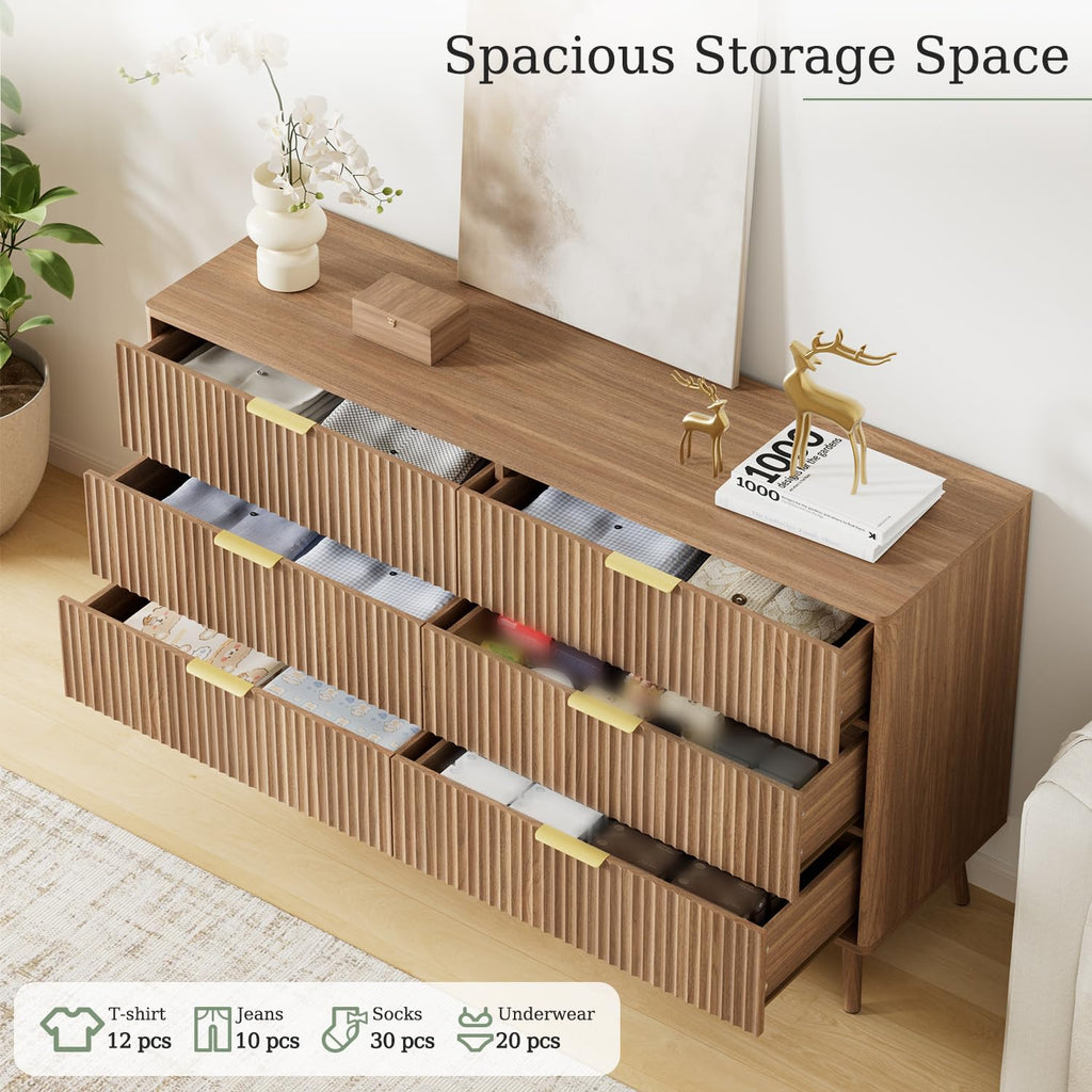 55" Wide Fluted Dresser with 6 Drawer, Modern Chest of Drawers with Curved Profile Design and Metal Handles, Wood
