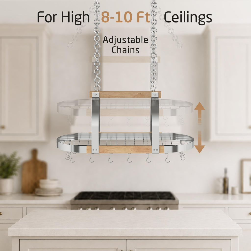 Natural Rubberwood 39 Inch Large Hanging Pot Rack, 130 LBS Capacity