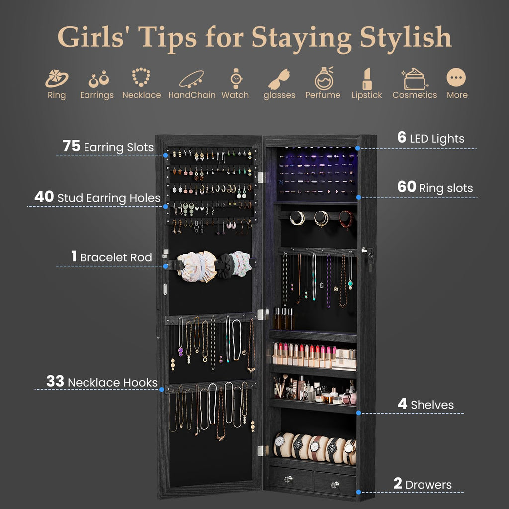 Tall Lockable Jewelry Armoire with Full Length Mirror