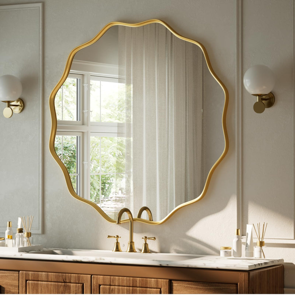 Gold Scalloped Circle Mirror, 30" Wavy Edge Round Wall Mirror