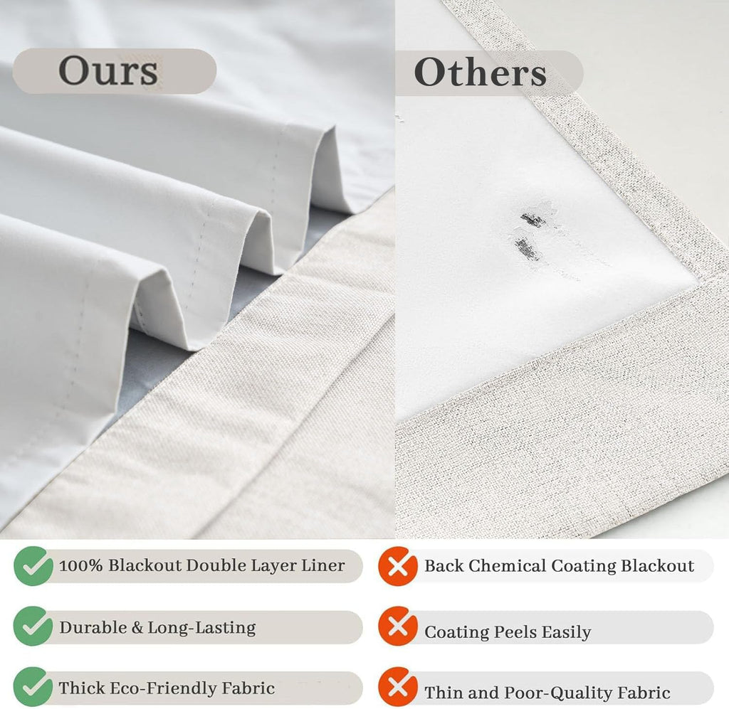100% Blackout Curtains for Bedroom Decor White Linen Textured Curtains with Liner Insulated Thermal Curtains for