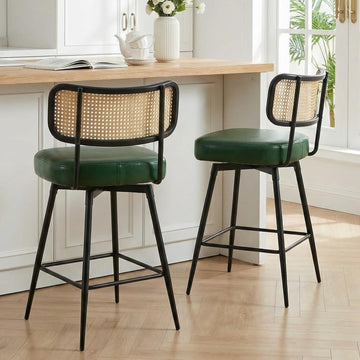Rattan Bar Stools Set of 2, Swivel Counter Height, Green