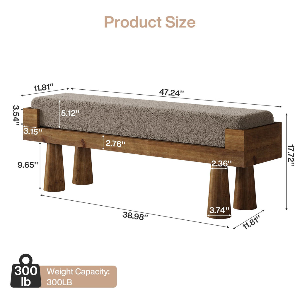 Upholstered Entryway Bench, Shoe Bench with Solid Wood Legs | Bedroom Bench with Cushion, Padded Seat End of Bed