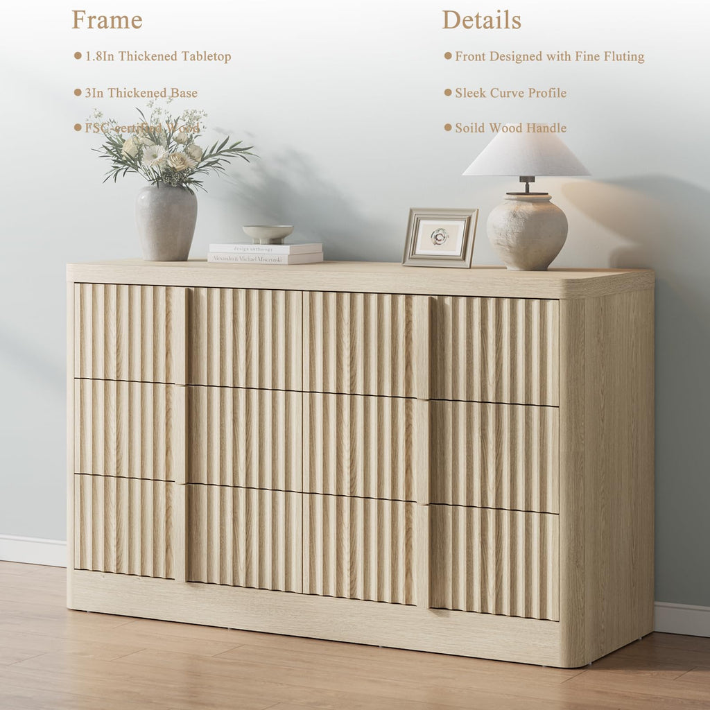 47" Wide Fluted 6 Drawer Dresser, Natural Oak