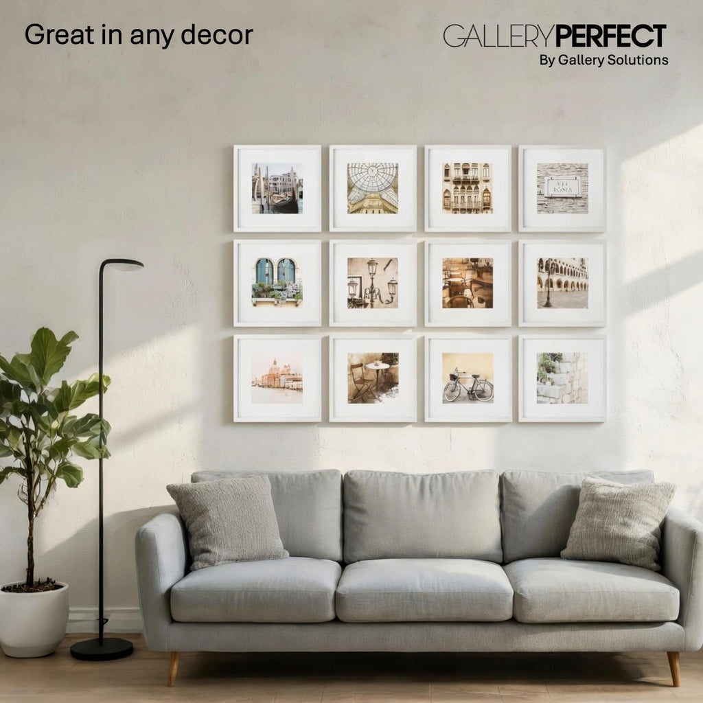 Perfect - 12-Piece White Square Photo Frame - Set with Hanging Template - Wall Gallery Kit - 16.5"x10.2"x16.7"