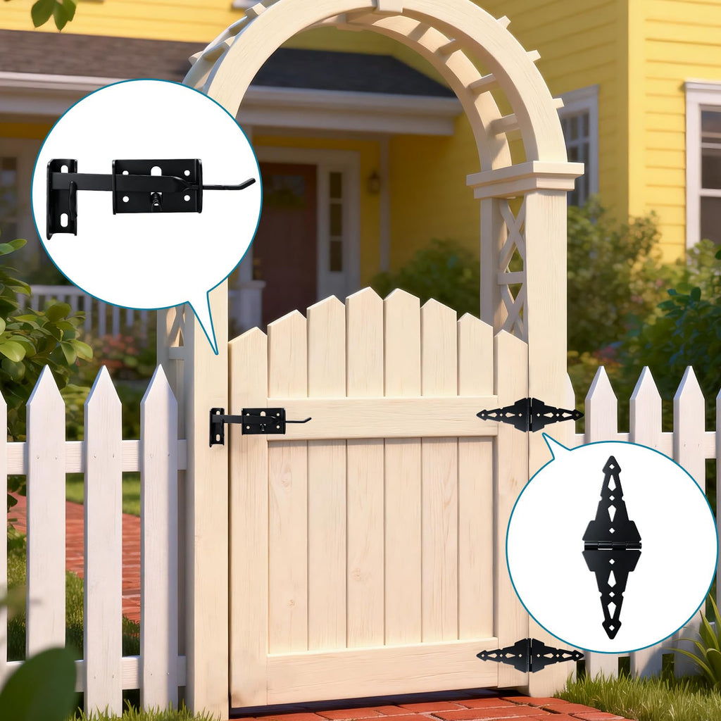 8 Inch Gate Hinge and Thumb Latch Set, Heavy Duty Strap Fence Hinges Hardware Kit, Rustproof Matte Black Steel for