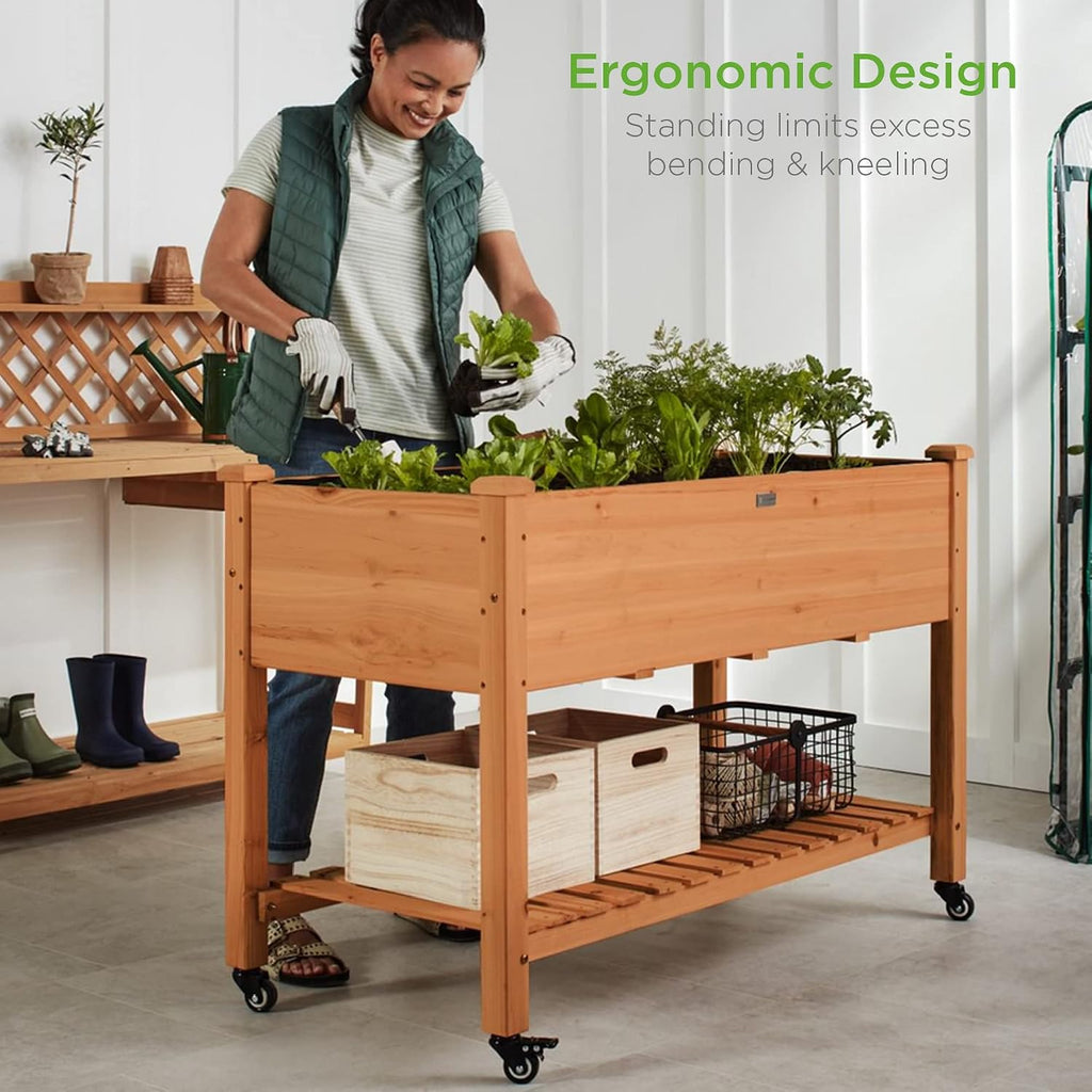 Raised Garden Bed 48x24x32-inch Mobile Elevated Wood Planter w/Lockable Wheels, Storage Shelf, Protective Liner