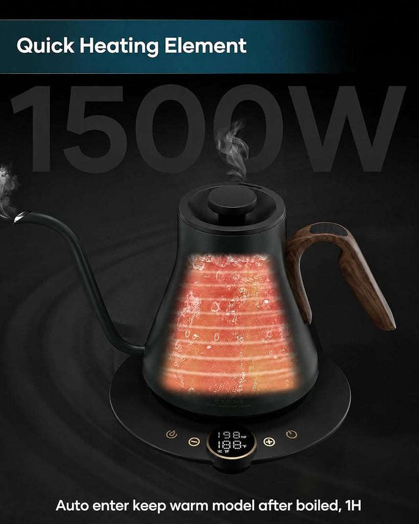 Gooseneck Electric Kettle with ±1°F Temperature Control 0.9 Liter | 1500W Quick Heating, Stainless Steel Inner, Pour