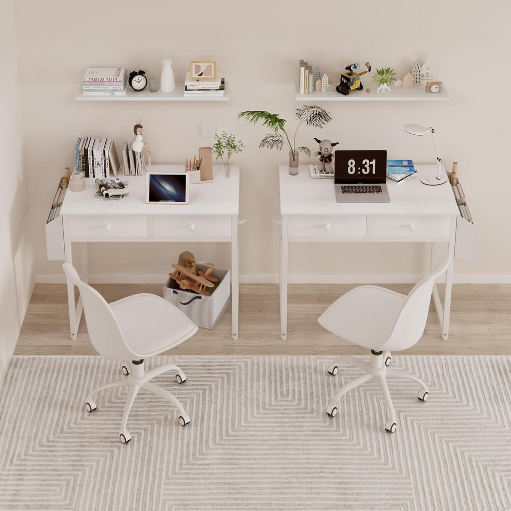 Small White Kids Desk with Drawers, 32 Inch Home Office Desks with Fabric Storage Drawer and Bag, Study Writing