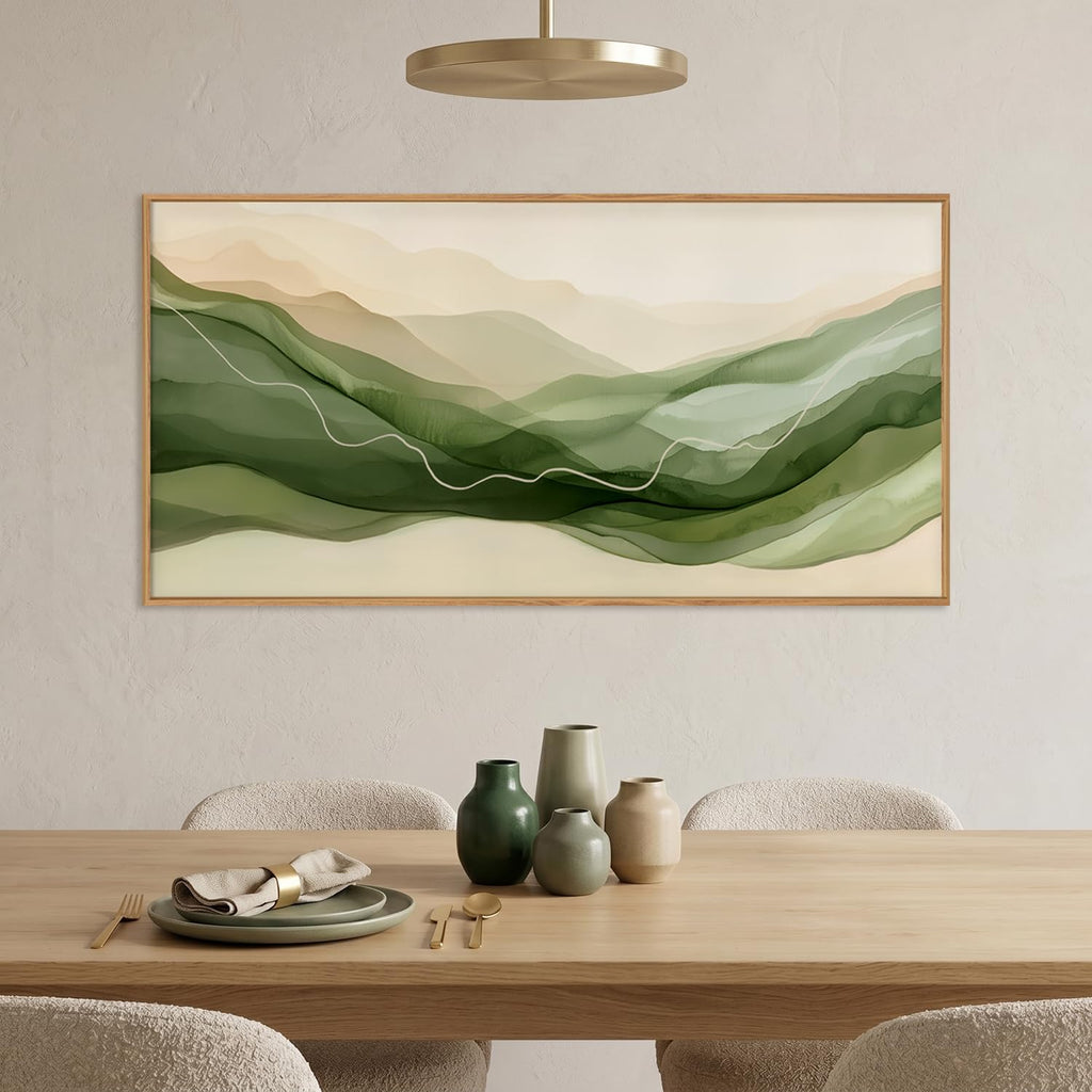 Large Abstract Minimalist Green Waves Framed Canvas Wall Art Set, Watercolor Sage Green Beige Smoke Wall Decor, Ink