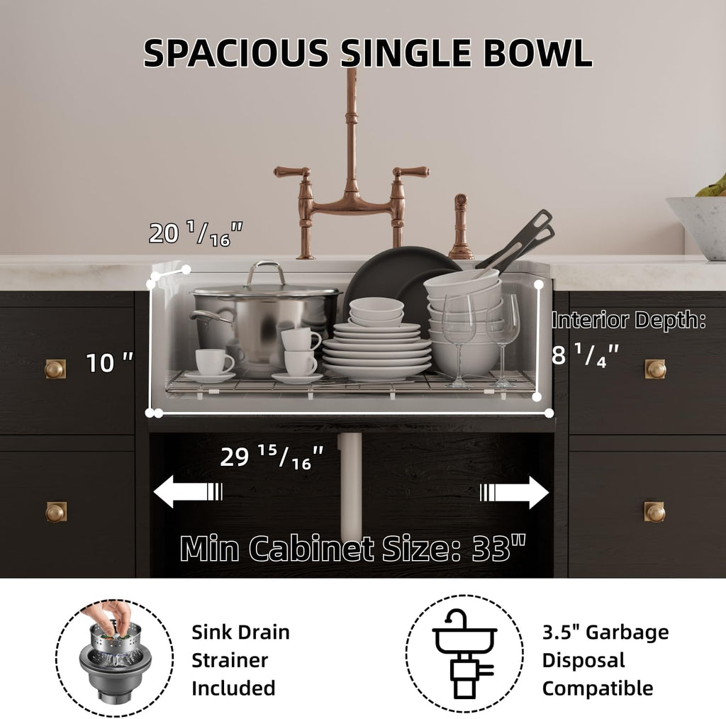 Farmhouse Sink 30 Inch, 30"W x 20"D White Kitchen Workstation Sinks, Fireclay Single Bowl Kitchen Farm Sink with
