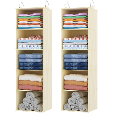 5 Tier Hanging Closet Storage Organizer for Shelves, Beige, 2 Pack