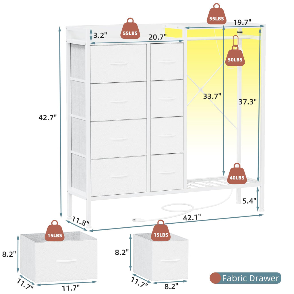 8-Drawer with Hanging Rack, White, 11.8"D