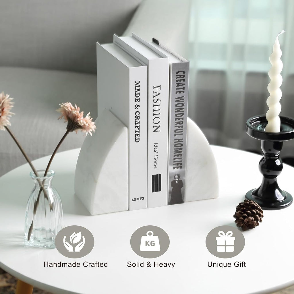 Marble Bookends for Shelves, Large Bookends for Heavy Books, Natural Stone Book Stopper for Books CD Movies