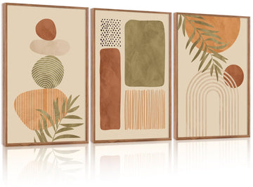 Boho Abstract Sage Framed Canvas Wall Art, Bohemian Neutral Wall Decor, Mid Century Beige Painting, Natural Minimalist
