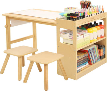 Kids Art Table and 2 Chairs Set with Roll Paper & Storage, Wooden Kid Craft Table for Drawing, Learning and Reading