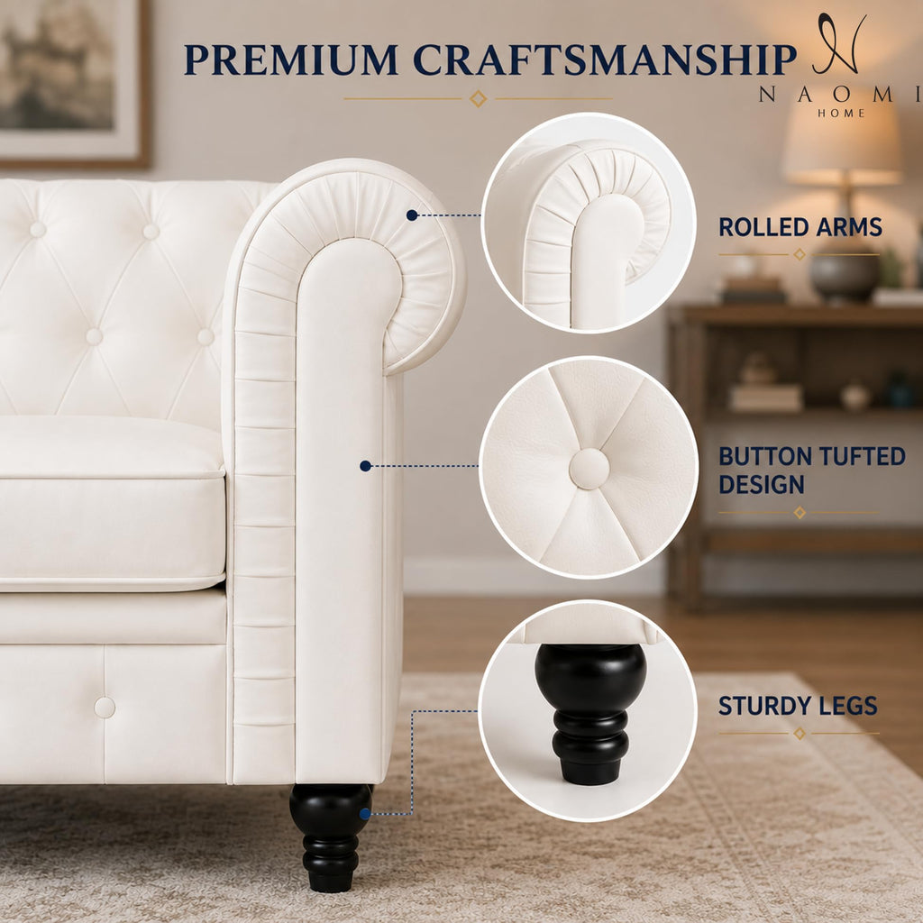 Emery Chesterfield Faux Leather Loveseat, White