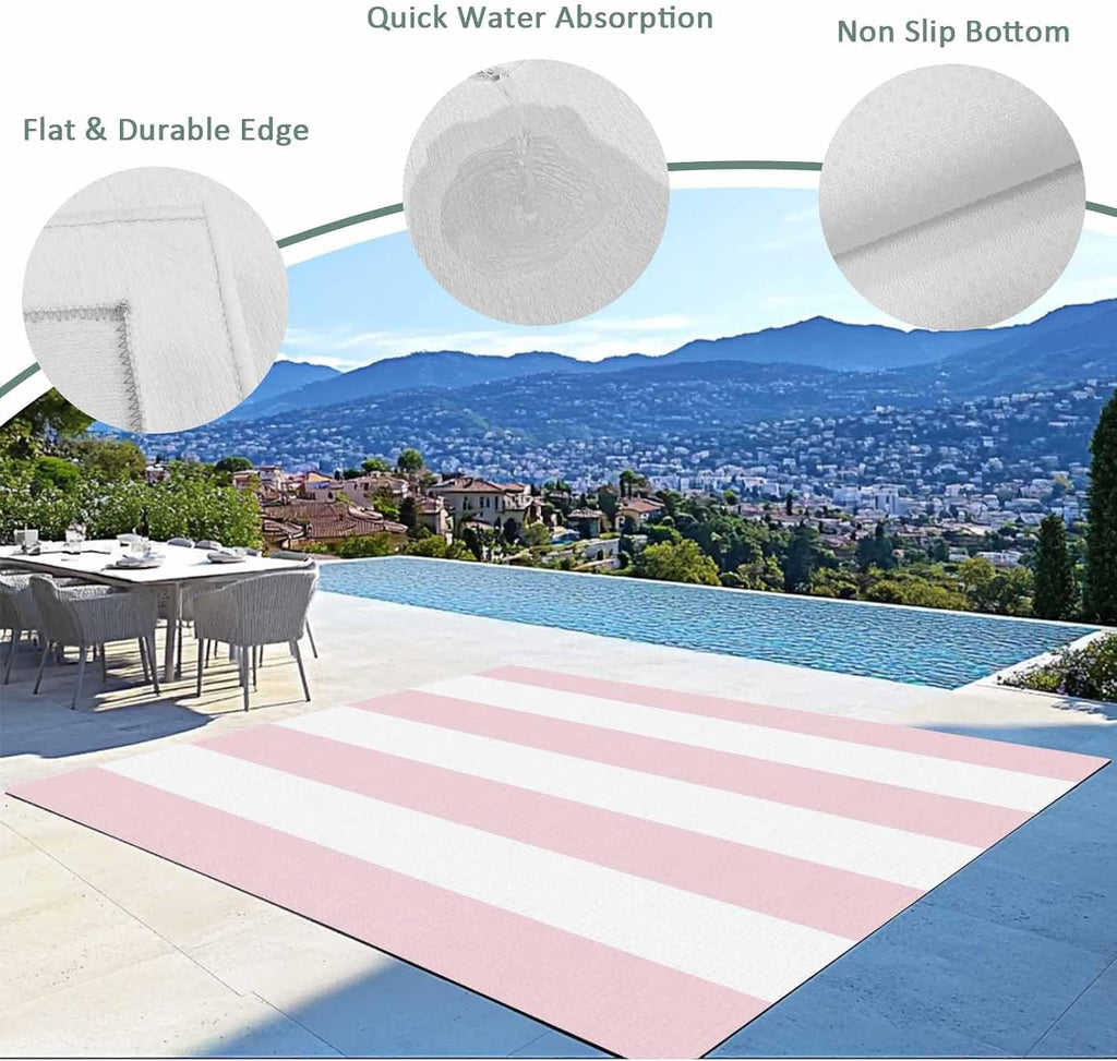 Modern Pink White Stripe Outdoor Rug,Minimalist Line Art Waterproof Non-Slip Area Rug Washable Indoor Outdoor