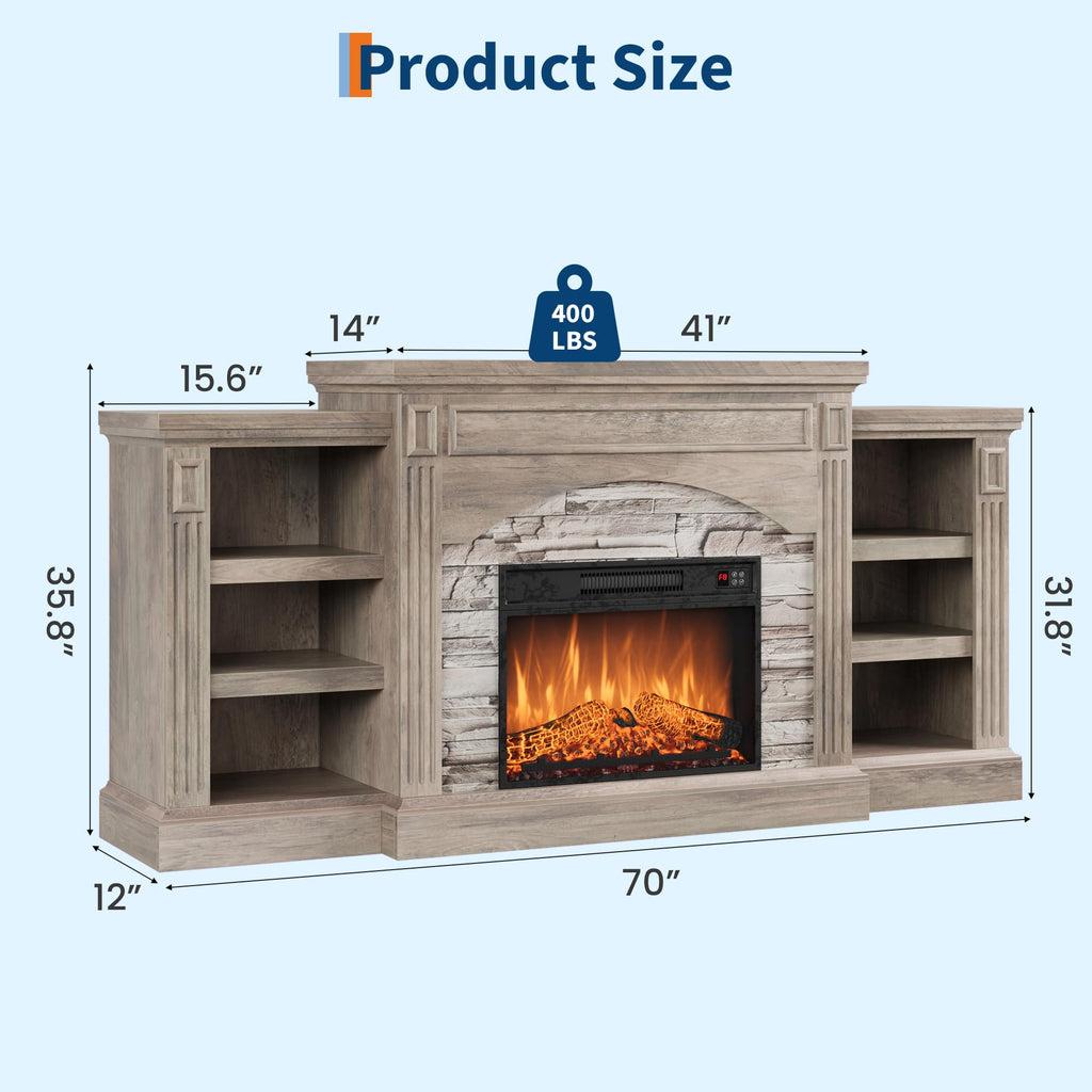 70" Farmhouse Electric Fireplace with Mantel, Rustic Gray
