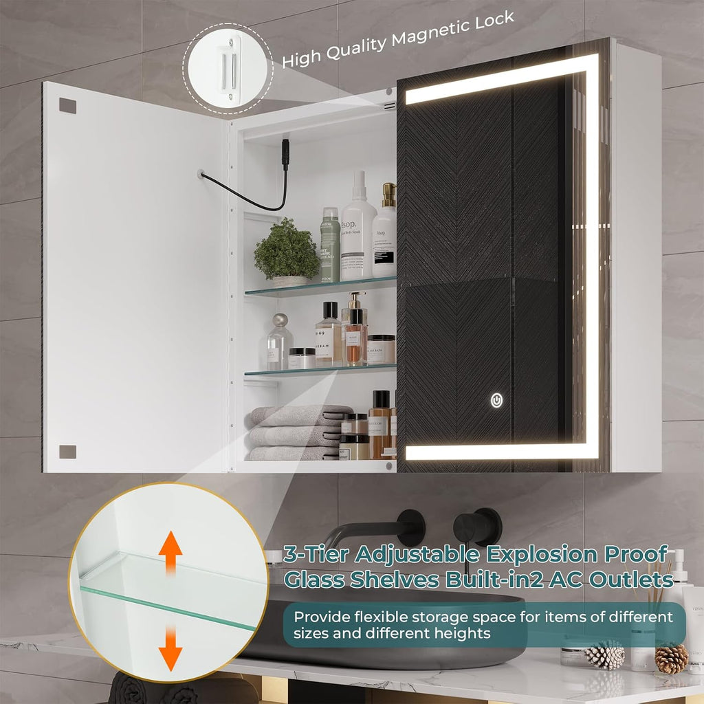 Bathroom Medicine Cabinet with Mirror and LED Light, Wall Mounted Bathroom Mirror with Storage, 2 Doors Bathroom Wall