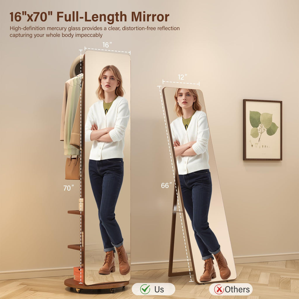 Solid Wood Full Length Mirror Coat Rack, 70" x 20" Oversize Standing Mirror Full Length with Brake Wheels, Floor