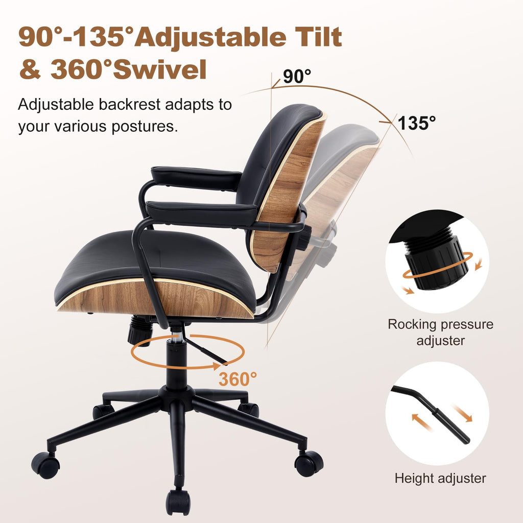 Mid Century Modern Office Chair with Armrest and Adjustable Backrest, Black