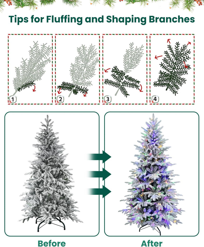 Christmas Tree Prelit Flocked,Snow Frosted PE Tips Premium Artificial Xmas Tree,Foldable Metal Base, Holiday