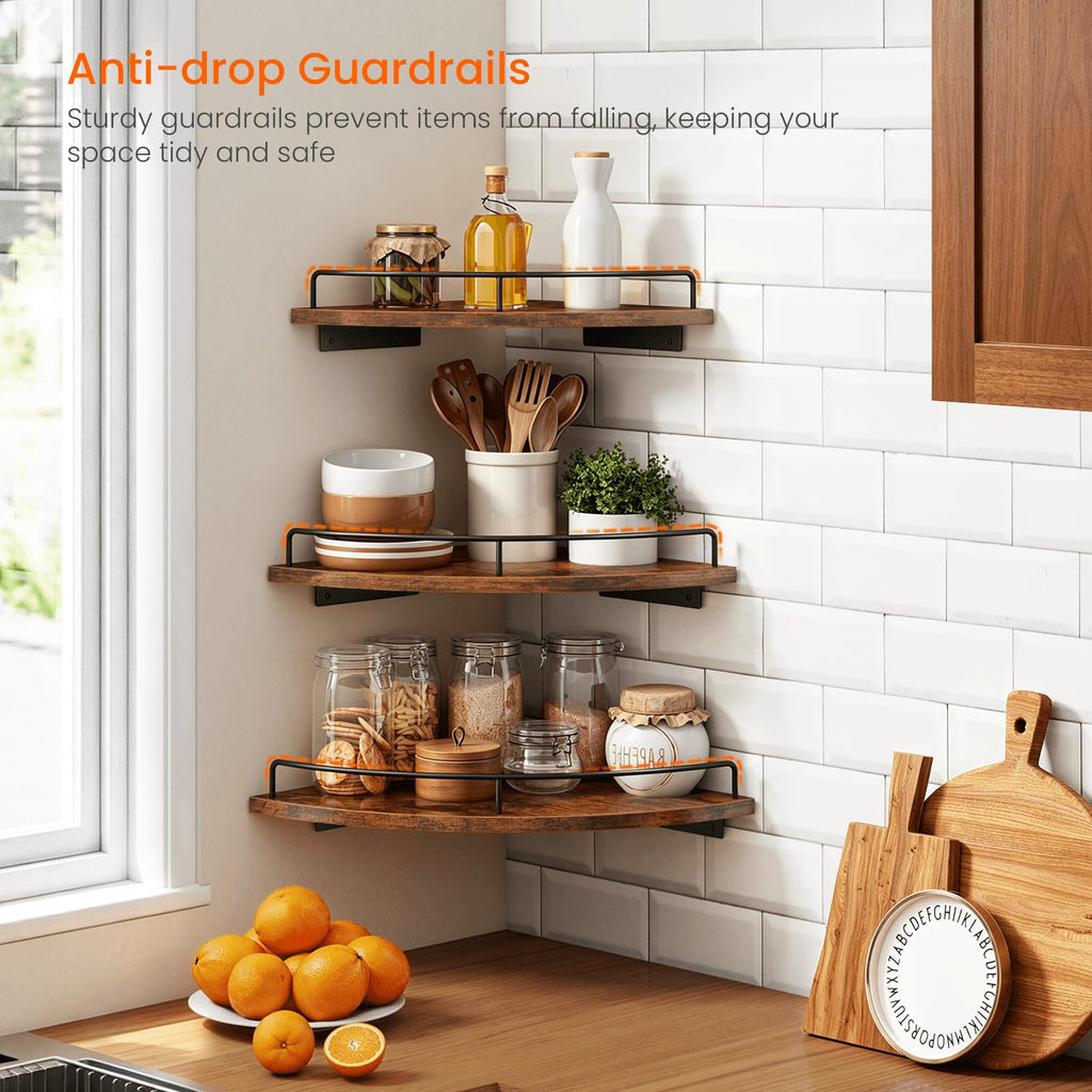 Corner Shelf Wall Mounted Set of 3, Corner Floating Shelves 9/10/12 Inch Deep, Wood Round Corner Hanging Display