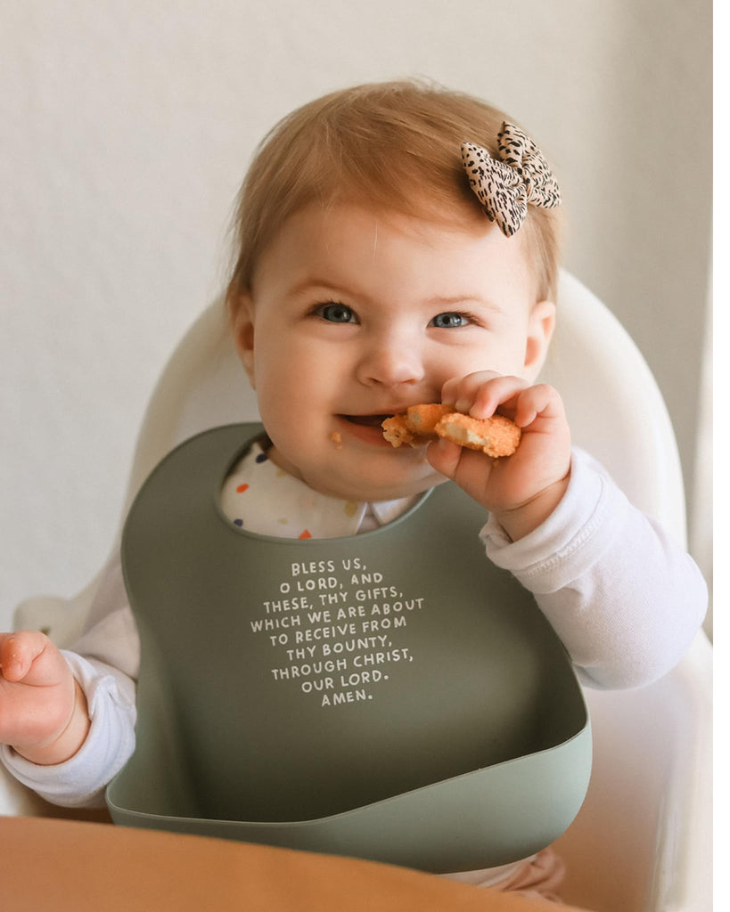 Silicone Waterproof Bibs for Babies & Toddlers, Meal Blessing Prayer Bib (Sage)