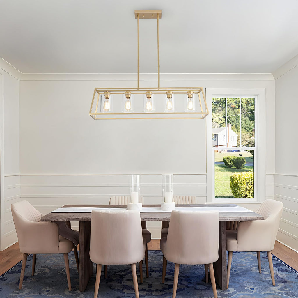 Gold Rectangle Chandeliers Light fixture Over Table