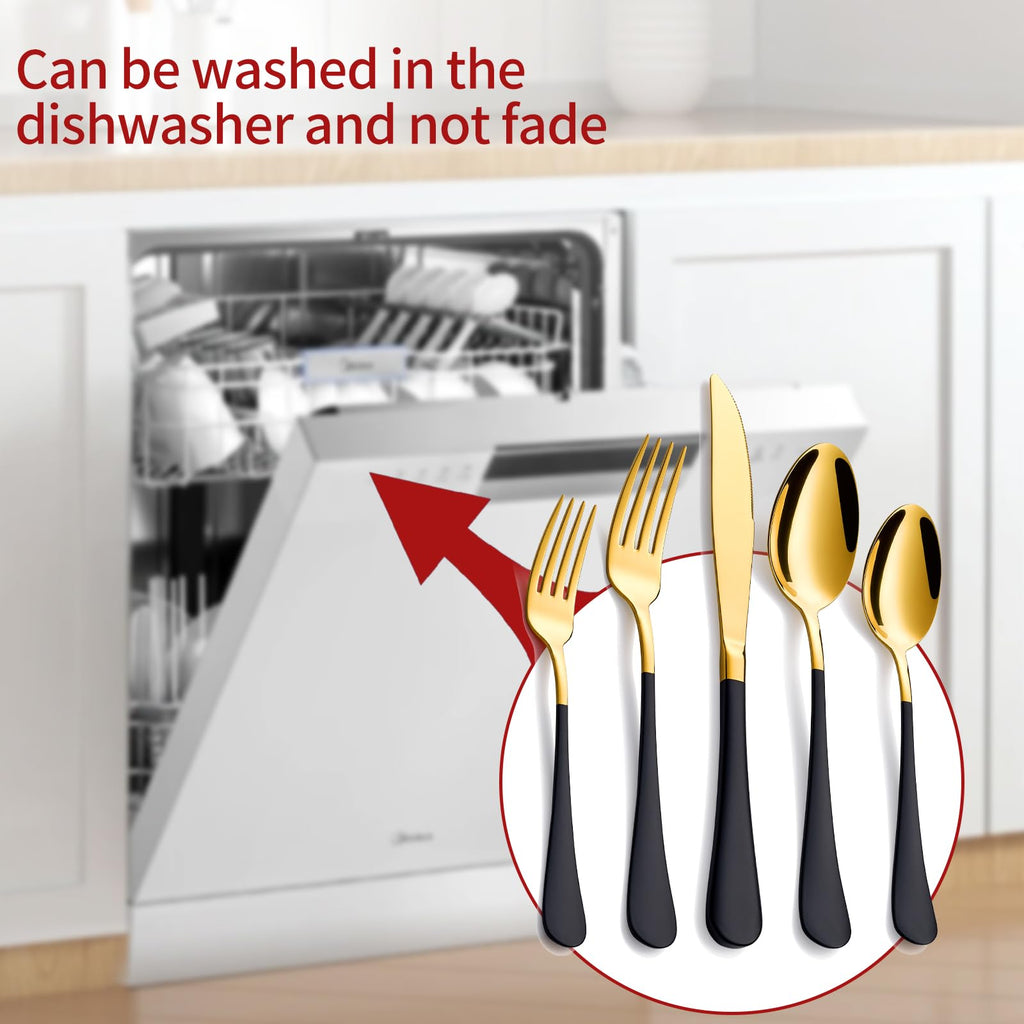 20-Piece Gold Silverware Set 18/0 Stainless Steel Flatware Black Handle Cutlery Set Service for 4 Dinner Knives Forks