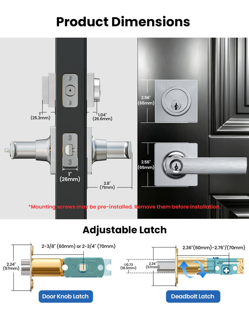 Modern Square Front Door Handle Set with Deadbolt, Satin Nickel