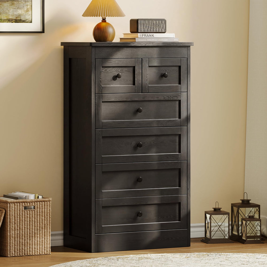 Tall 6 Drawer Dresser, Black Modern 43.3'' Tall Wood Chest of Drawers, Storage Organizer with Smooth Metal Rails &