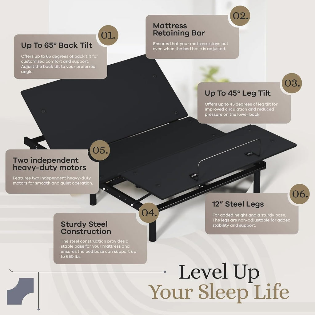 Sven and Son Essential Adjustable Bed Base (Frame Only), Easy Assembly, Head and Foot Lift, Memory Positions, Zero