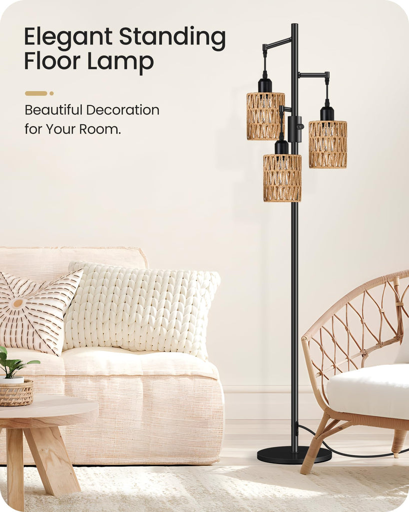 Dimmable Floor Lamp, Farmhouse Tall Standing 70.3" Tree Lamp with 3 Rope Woven Lampshades, Boho Rattan Floor Lights