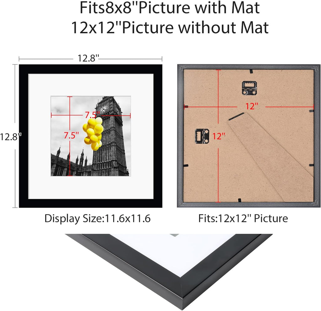 12x12 Picture Frame Set of 9, Display Pictures 8x8 with Mat or 12x12 without Mat, Multi Collage Gallery Square Photo