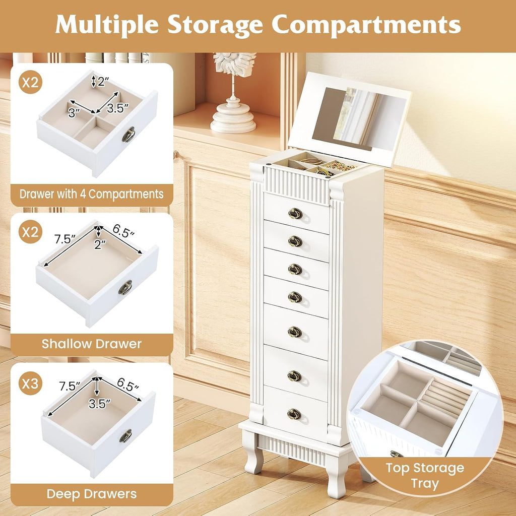 Jewelry Armoire, Standing Jewelry Box w/Mirror & 7 Drawers, White