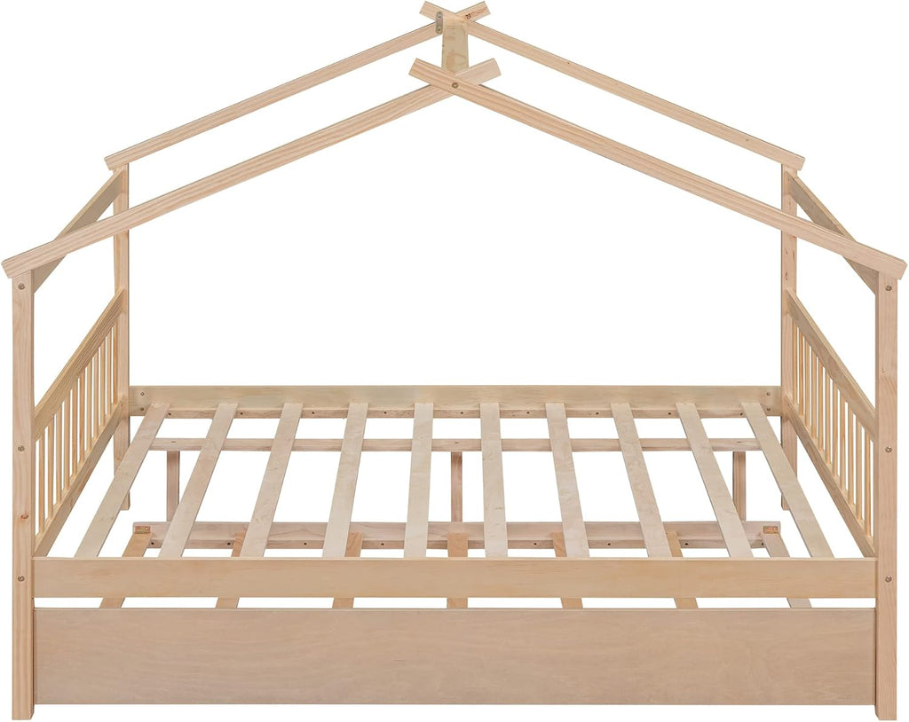 Full House Beds with Trundle Wooden Kids Montessori Bed Frame Wood Playhouse Tent Bed Frame for Girls Boys, Full