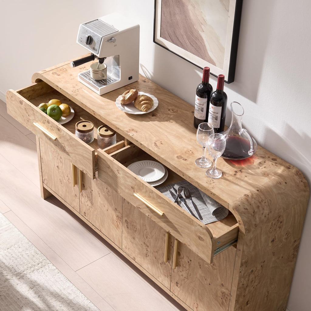 59" Sideboard Buffet Cabinet with Storage Modern Curved Console Cabinet with Drawers Wooden Board Large Credenza