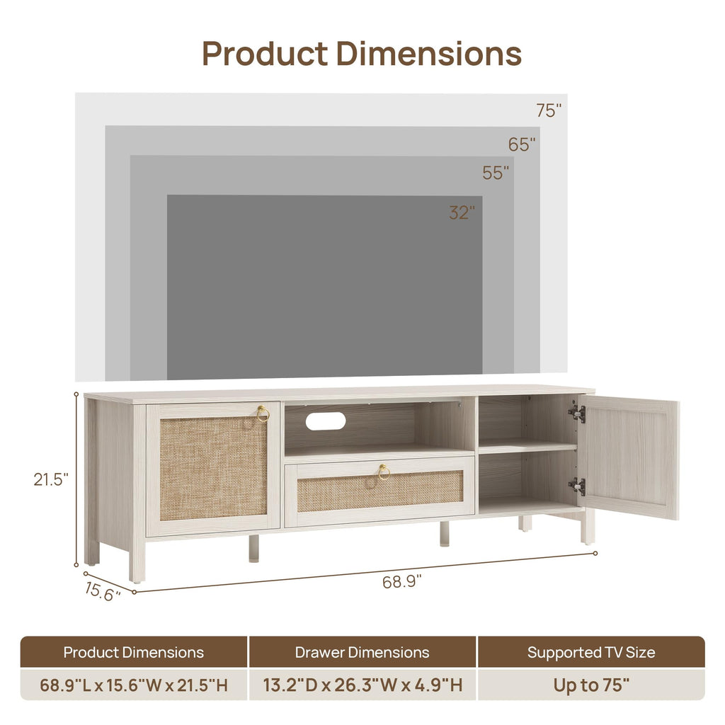 Rattan TV Stand for TVs up to 75 Inch, White Entertainment Center