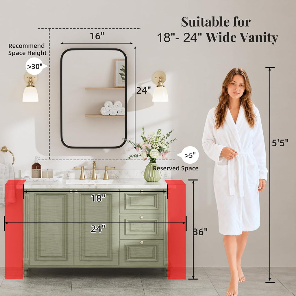 16x24 Inch Medicine Cabinet with Mirror, Rounded Corner, Black | Fully Assembled, Recessed or Surface Mount Metal