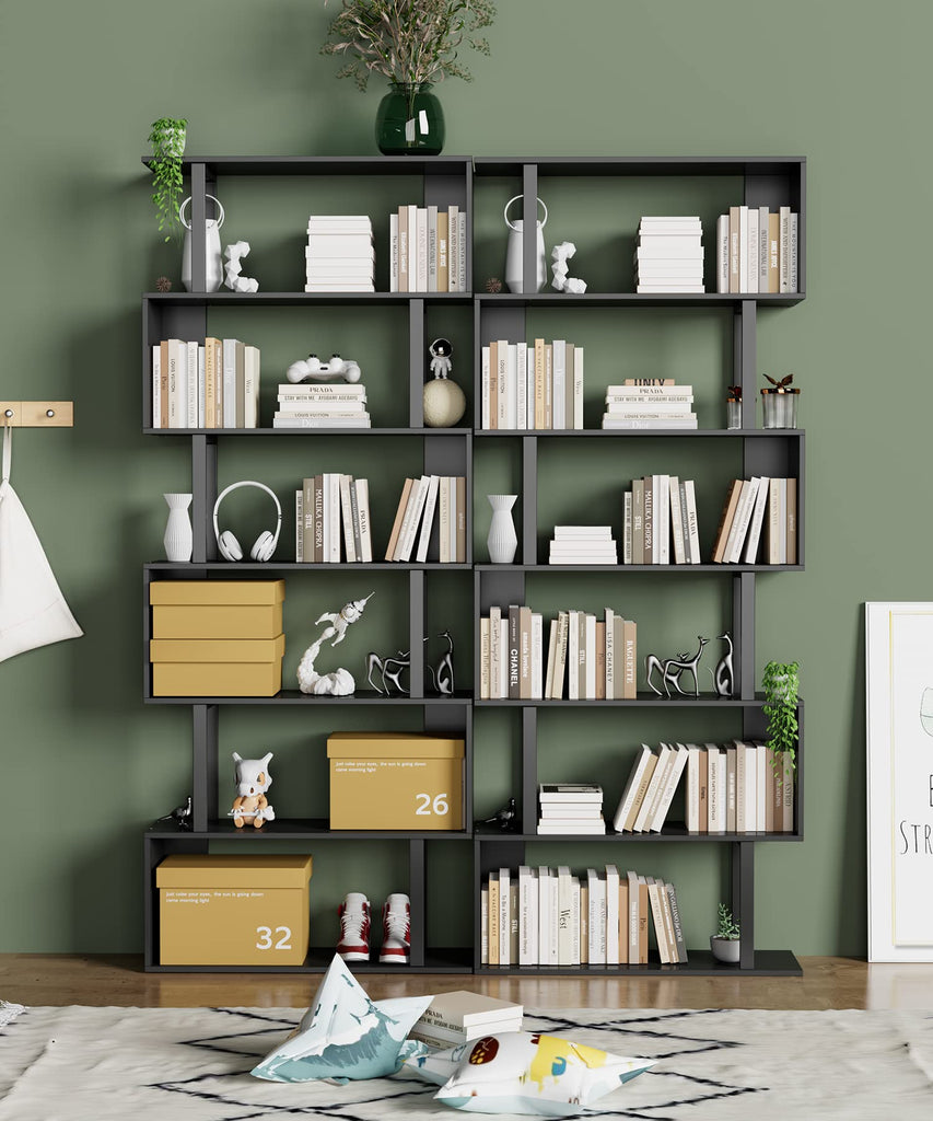 6 Tier Geometric Bookcase, Black Book Shelves, Modern Corner Bookcase Storage Shelf Wood, Black