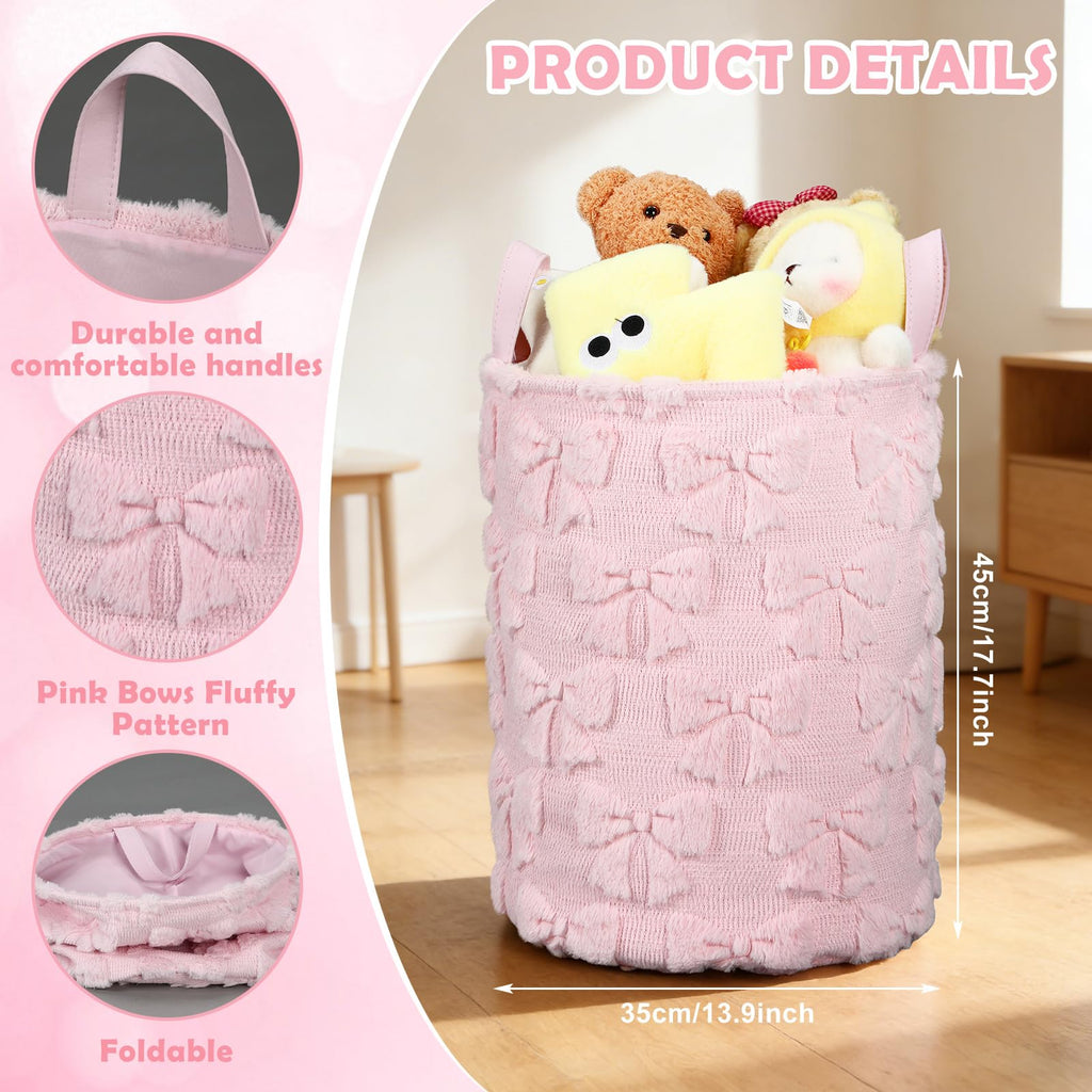 Coquette Pink Bow Laundry Basket 18 x 14 Inch Coquette Storage Basket for Girls Nursery Hamper Foldable Fluffy Plush