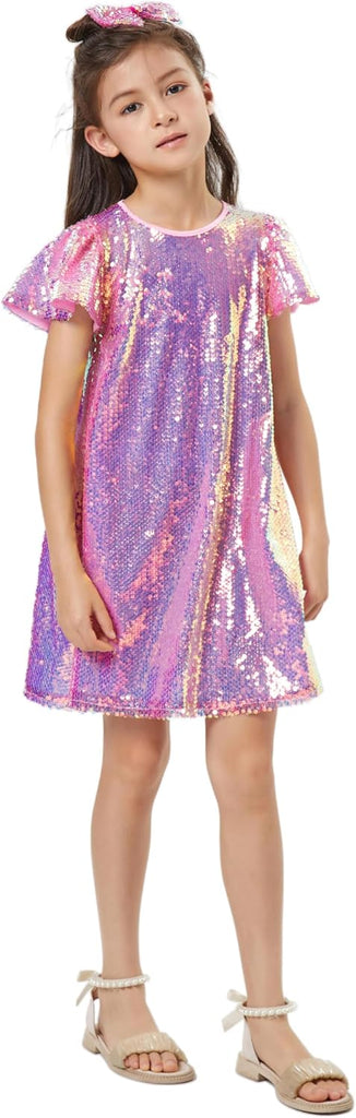 Sequin Dress Shiny Short Flutter Sleeve Midi Sparkly Party Dress with Hairbow