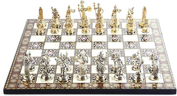 Historical Roman Figures Metal Chess Set for Adults, Handmade Pieces and Mosaic Design Wooden Chess Board King 2.8 inc