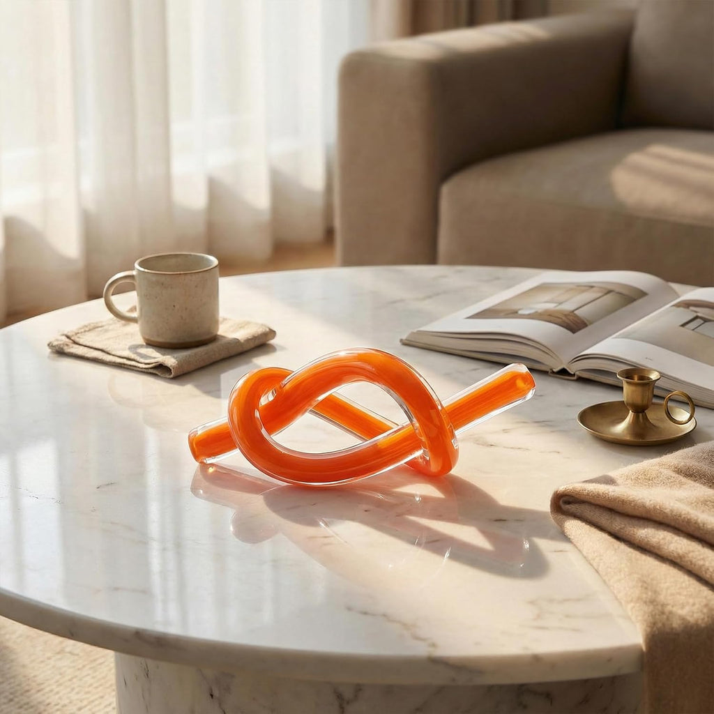 Orange Abstract Glass Knot Sculpture, Hand Blown Glass Decor for Coffee Table TV Cabinet, Shelf or Mantel Accent