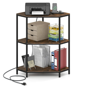 Corner Printer Stand, 3-Tier Corner Shelf with Charging Station and Metal Frame, Small Industrial Bookshelf, Printer