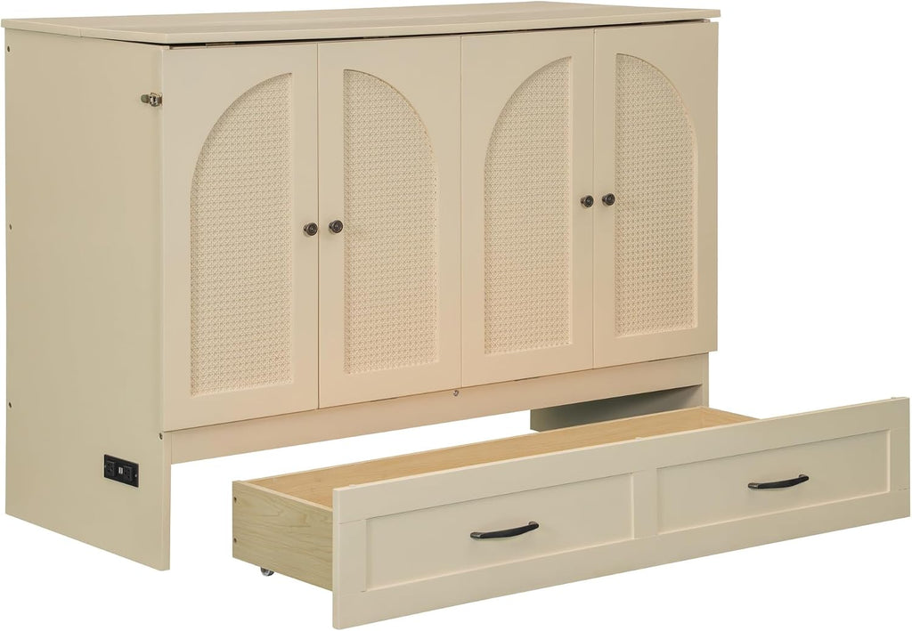 Full Murphy Bed with Charging Station and Large Storage Drawer, Foldable Pull Out Murphy Chest Bed for Apartments