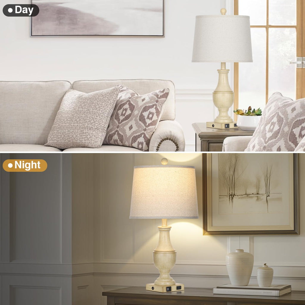 Farmhouse Vintage 3-Way Dimmable Table Lamp Set of 2 with USB A+C Charging Ports & AC Outlet, Rustic Mid Century