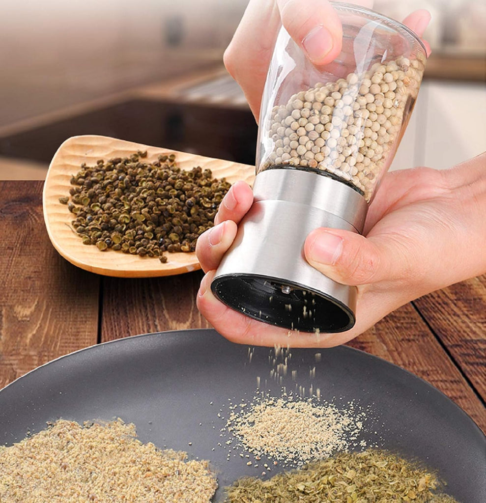 Salt and Pepper Grinder Set with Wooden Standing Tray, Refillable Pepper Mill Set - Brushed Stainless Steel - Short - Set of 2
